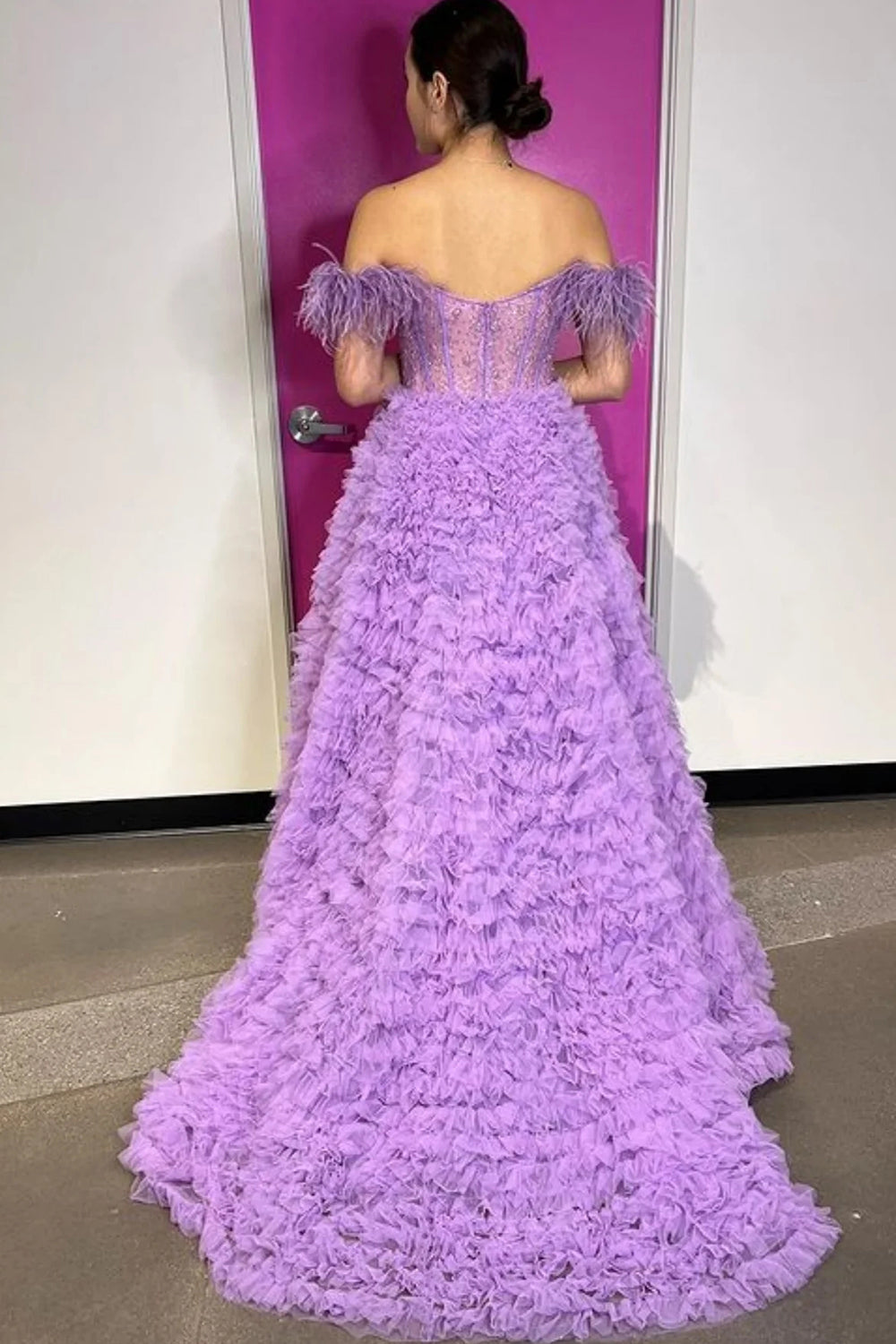 Princess A Line Off the Shoulder Pink Prom Dress Long Evening Dress with Feather