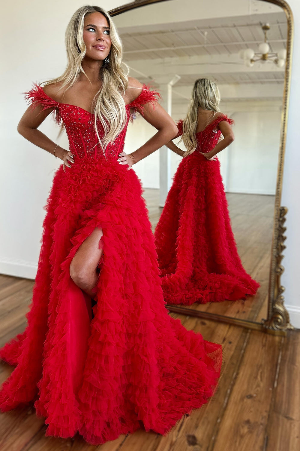 Princess A Line Off the Shoulder Pink Prom Dress Long Evening Dress with Feather