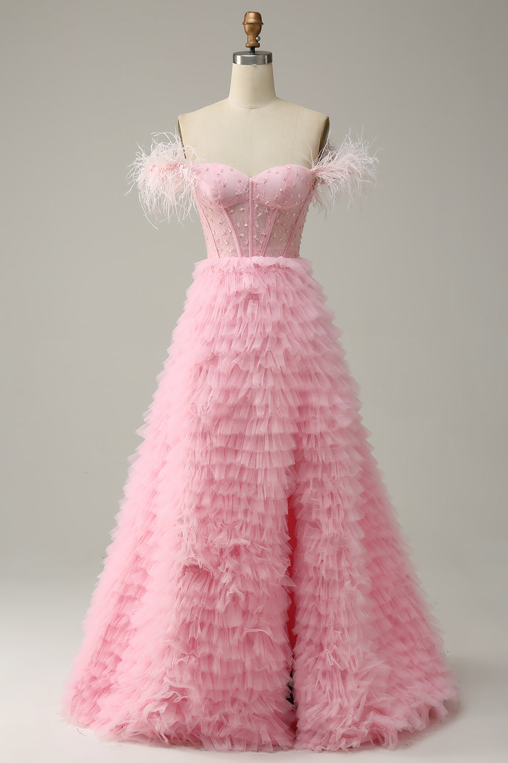 Princess A Line Off the Shoulder Pink Prom Dress Long Evening Dress with Feather