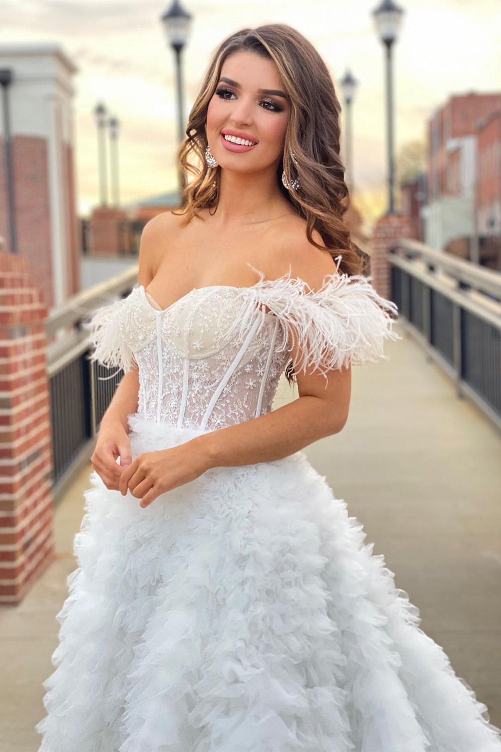 Princess A Line Off the Shoulder Pink Prom Dress Long Evening Dress with Feather