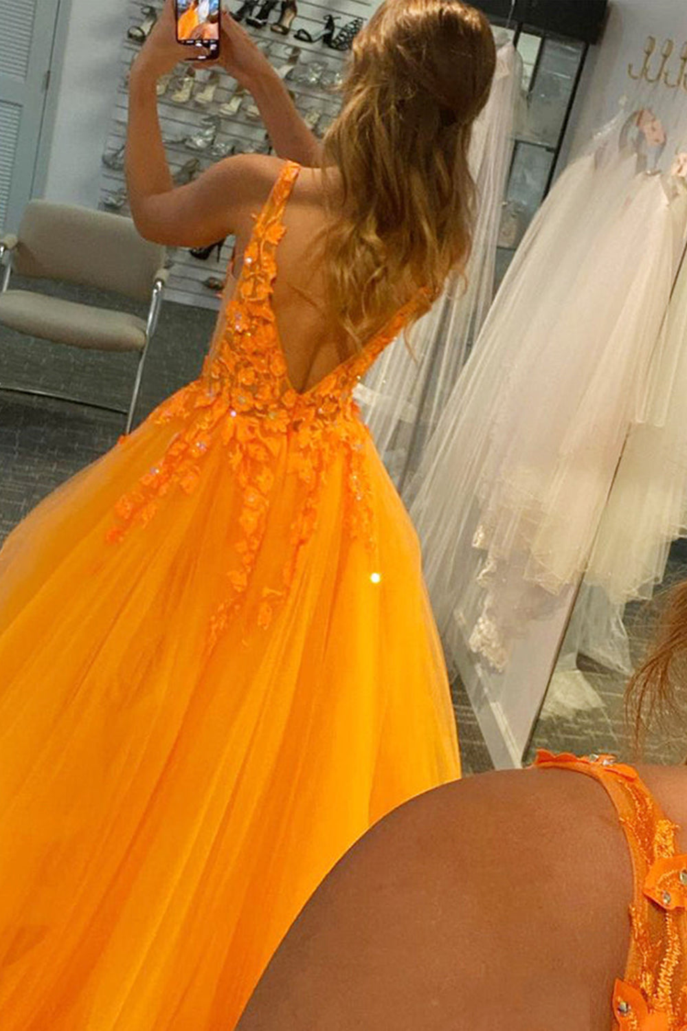Princess A Line Prom Dress Deep V Neck Blush Long Evening Dress with Appliques