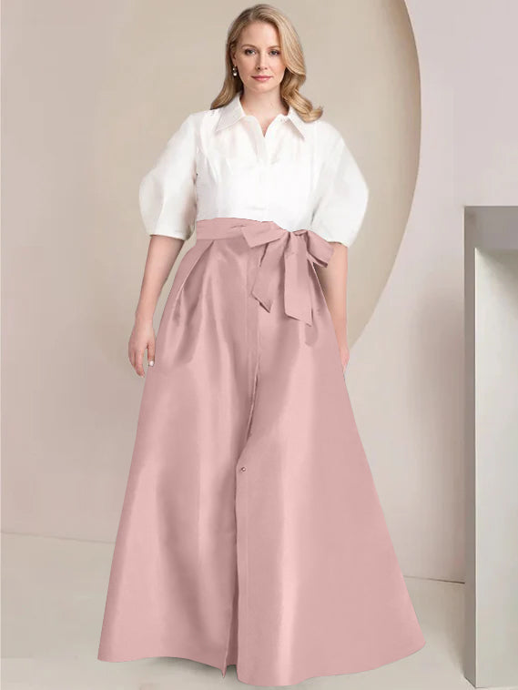 Princess A-Line Shirt Collar Floor-Length Plus Size Mother of the Bride 2-Piece Dress with Bowknot