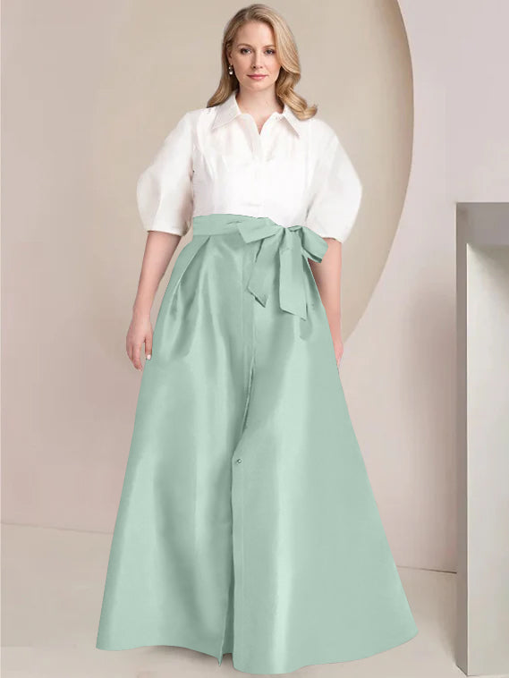 Princess A-Line Shirt Collar Floor-Length Plus Size Mother of the Bride 2-Piece Dress with Bowknot