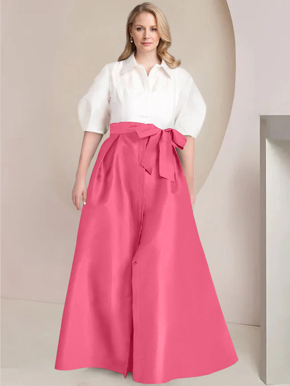 Princess A-Line Shirt Collar Floor-Length Plus Size Mother of the Bride 2-Piece Dress with Bowknot