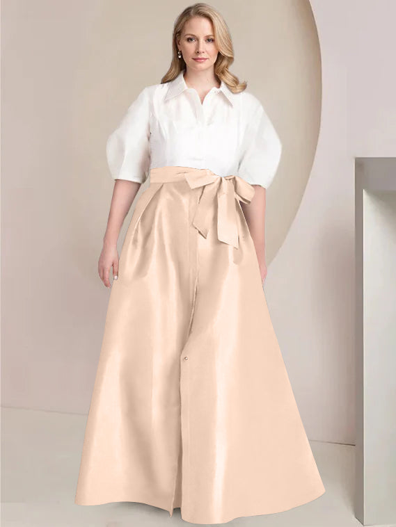 Princess A-Line Shirt Collar Floor-Length Plus Size Mother of the Bride 2-Piece Dress with Bowknot