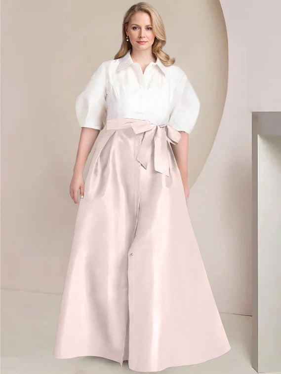 Princess A-Line Shirt Collar Floor-Length Plus Size Mother of the Bride 2-Piece Dress with Bowknot