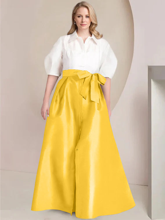 Princess A-Line Shirt Collar Floor-Length Plus Size Mother of the Bride 2-Piece Dress with Bowknot