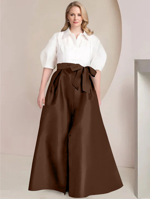 Princess A-Line Shirt Collar Floor-Length Plus Size Mother of the Bride 2-Piece Dress with Bowknot