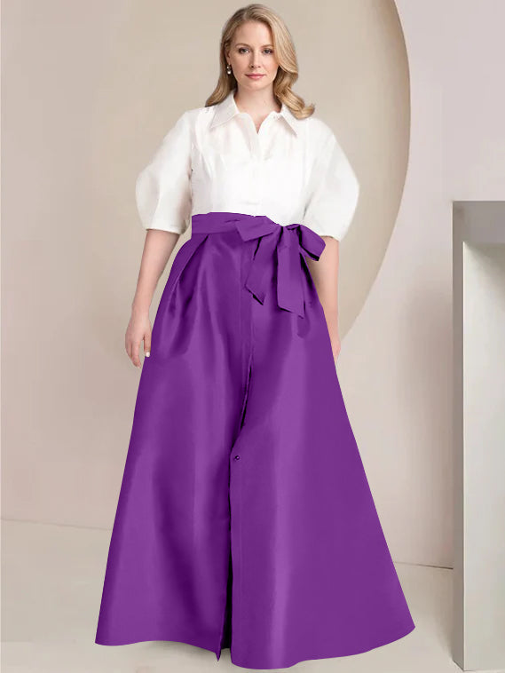 Princess A-Line Shirt Collar Floor-Length Plus Size Mother of the Bride 2-Piece Dress with Bowknot