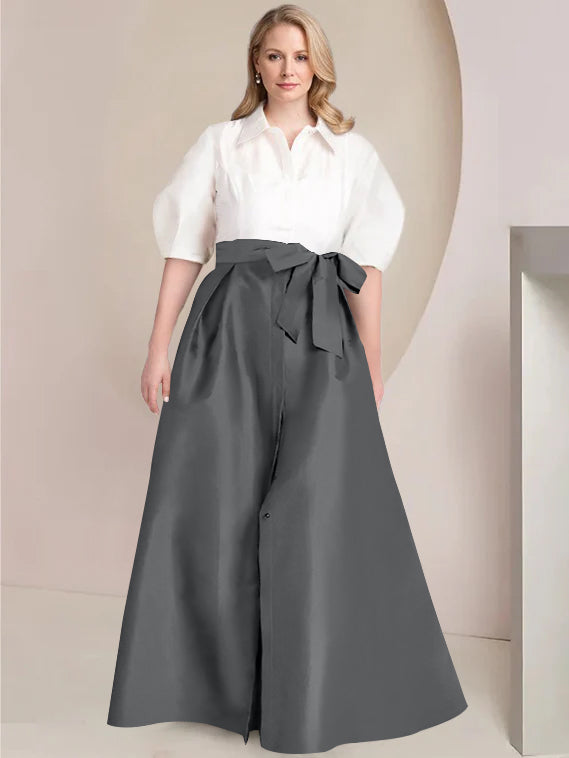 Princess A-Line Shirt Collar Floor-Length Plus Size Mother of the Bride 2-Piece Dress with Bowknot