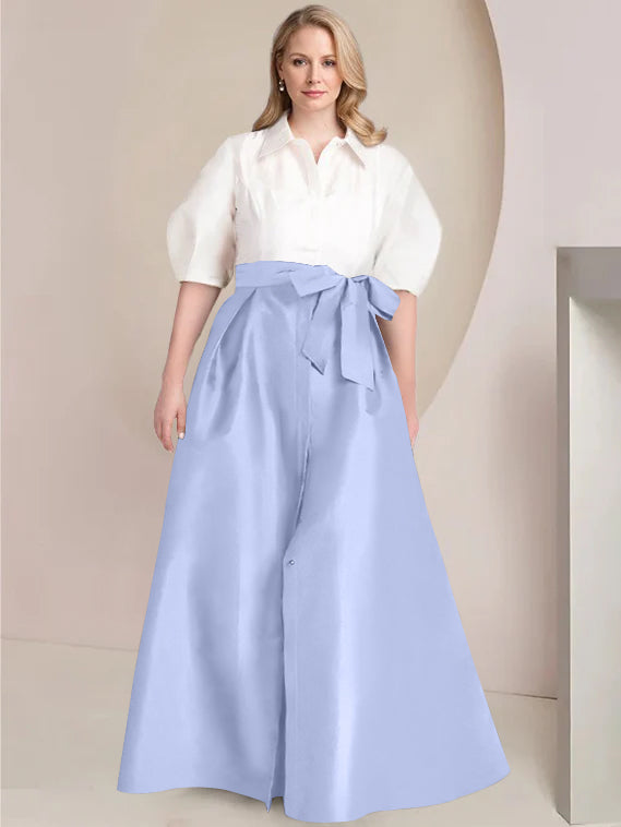 Princess A-Line Shirt Collar Floor-Length Plus Size Mother of the Bride 2-Piece Dress with Bowknot
