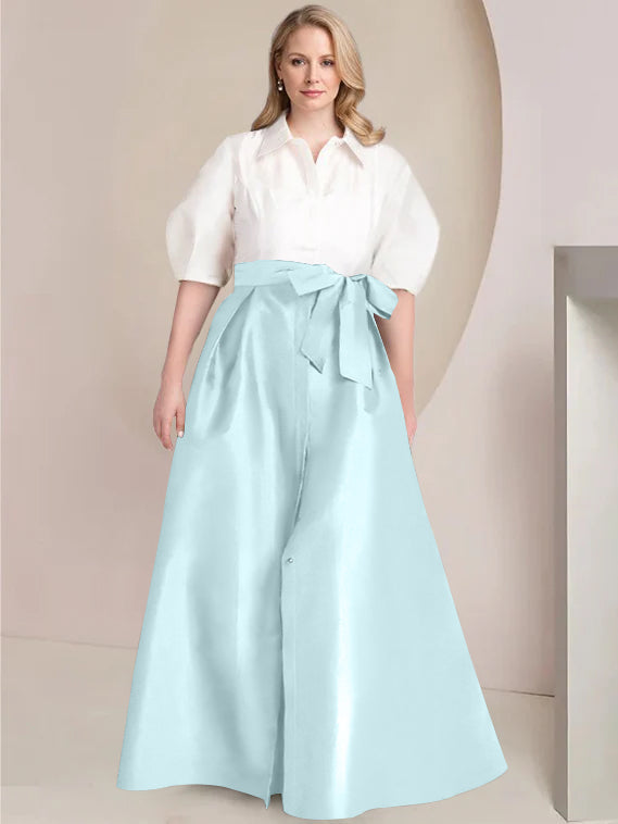 Princess A-Line Shirt Collar Floor-Length Plus Size Mother of the Bride 2-Piece Dress with Bowknot