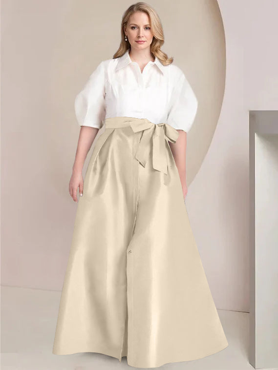 Princess A-Line Shirt Collar Floor-Length Plus Size Mother of the Bride 2-Piece Dress with Bowknot
