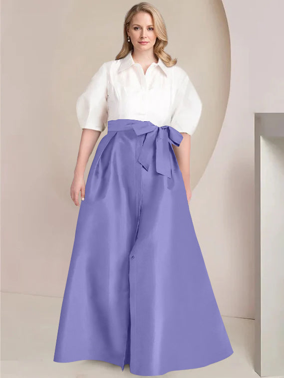 Princess A-Line Shirt Collar Floor-Length Plus Size Mother of the Bride 2-Piece Dress with Bowknot
