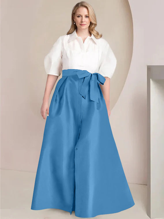 Princess A-Line Shirt Collar Floor-Length Plus Size Mother of the Bride 2-Piece Dress with Bowknot