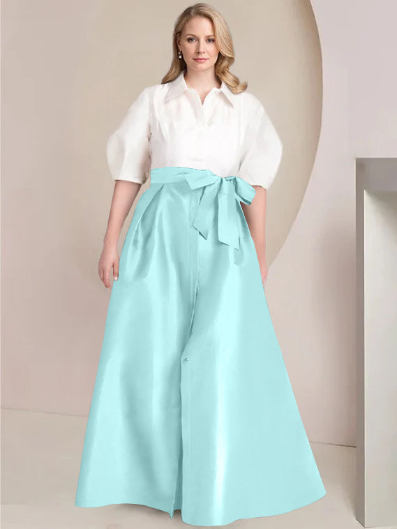 Princess A-Line Shirt Collar Floor-Length Plus Size Mother of the Bride 2-Piece Dress with Bowknot