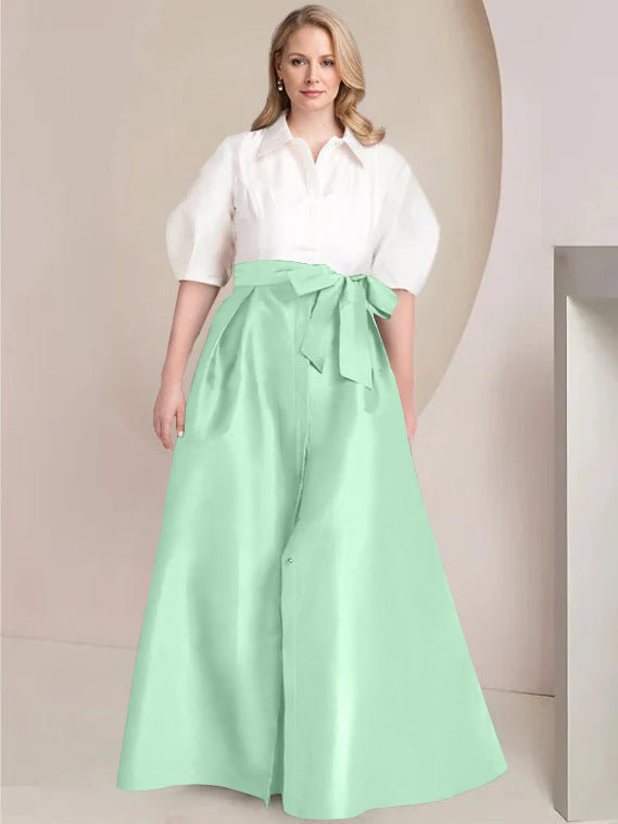 Princess A-Line Shirt Collar Floor-Length Plus Size Mother of the Bride 2-Piece Dress with Bowknot