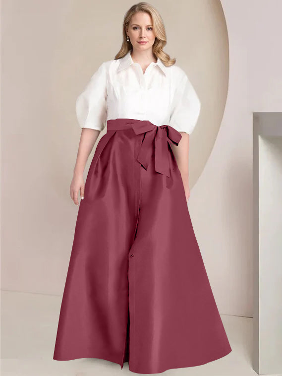 Princess A-Line Shirt Collar Floor-Length Plus Size Mother of the Bride 2-Piece Dress with Bowknot