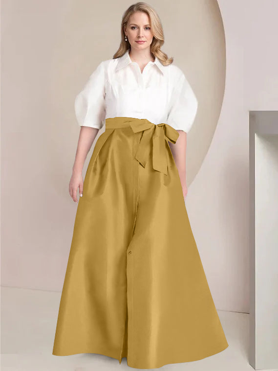 Princess A-Line Shirt Collar Floor-Length Plus Size Mother of the Bride 2-Piece Dress with Bowknot