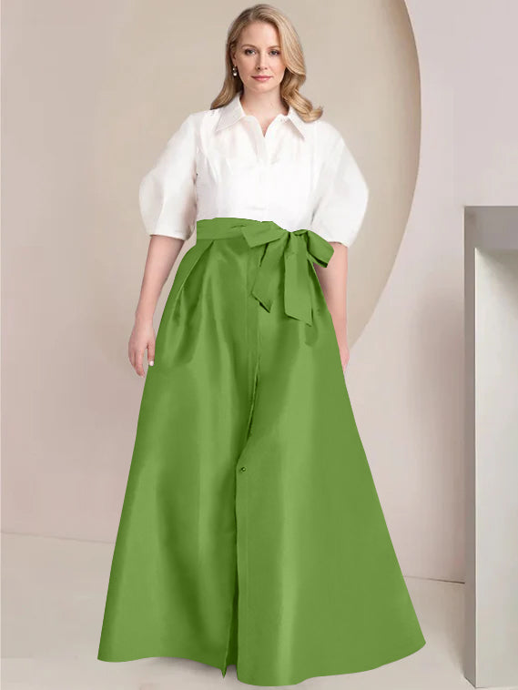 Princess A-Line Shirt Collar Floor-Length Plus Size Mother of the Bride 2-Piece Dress with Bowknot
