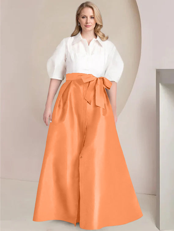 Princess A-Line Shirt Collar Floor-Length Plus Size Mother of the Bride 2-Piece Dress with Bowknot