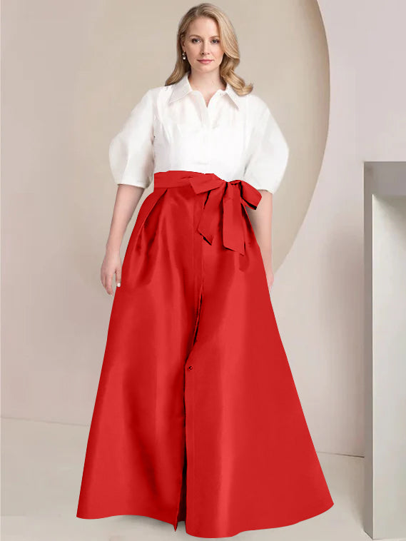 Princess A-Line Shirt Collar Floor-Length Plus Size Mother of the Bride 2-Piece Dress with Bowknot