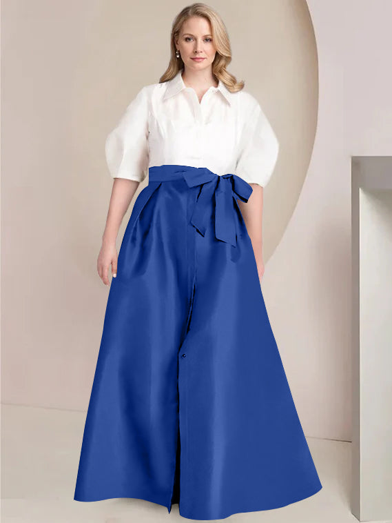 Princess A-Line Shirt Collar Floor-Length Plus Size Mother of the Bride 2-Piece Dress with Bowknot