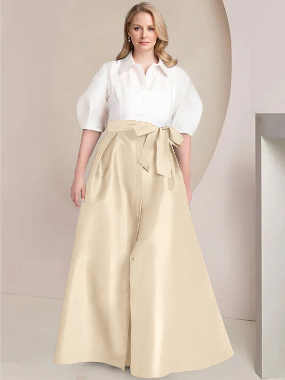 Princess A-Line Shirt Collar Floor-Length Plus Size Mother of the Bride 2-Piece Dress with Bowknot