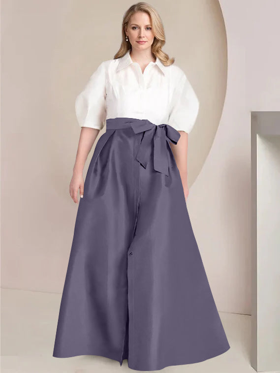 Princess A-Line Shirt Collar Floor-Length Plus Size Mother of the Bride 2-Piece Dress with Bowknot