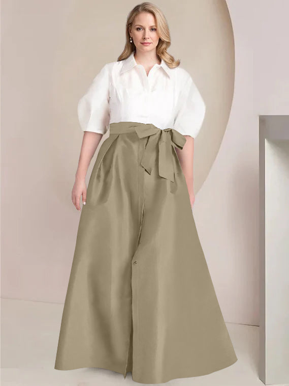 Princess A-Line Shirt Collar Floor-Length Plus Size Mother of the Bride 2-Piece Dress with Bowknot