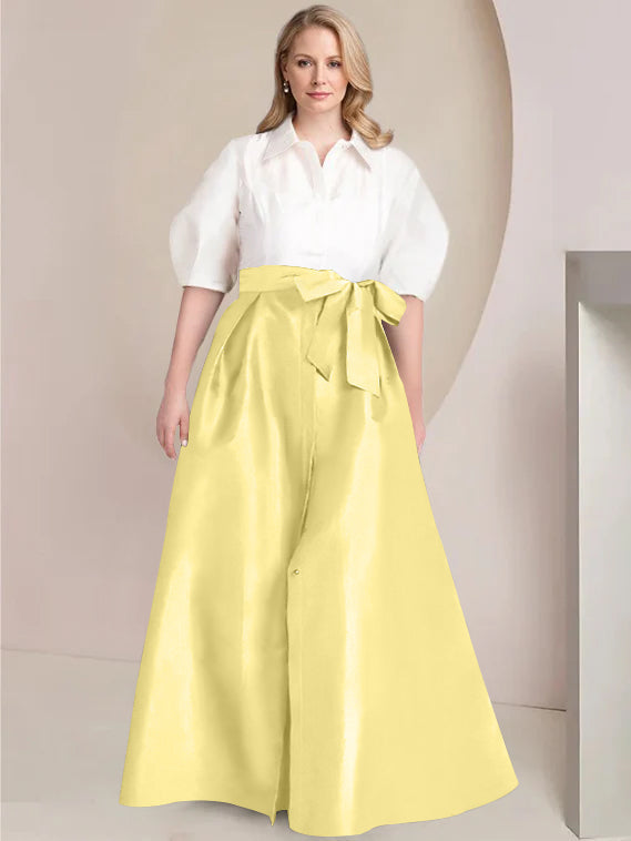 Princess A-Line Shirt Collar Floor-Length Plus Size Mother of the Bride 2-Piece Dress with Bowknot