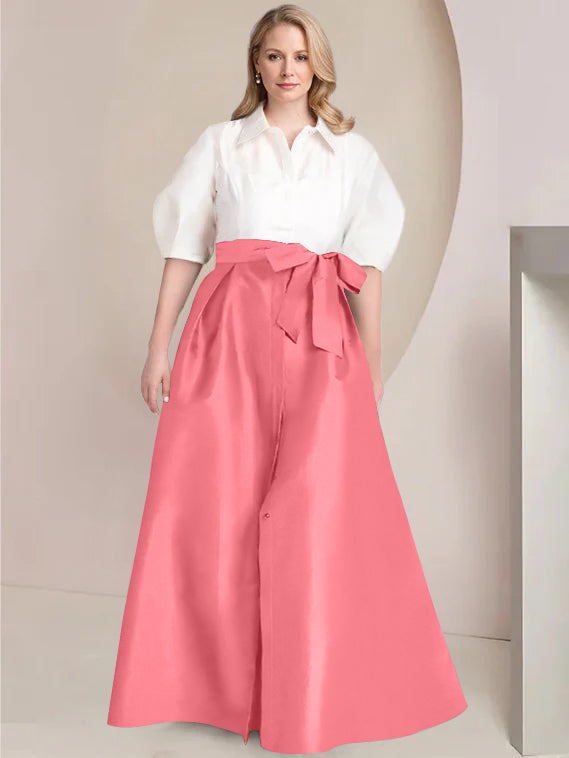 Princess A-Line Shirt Collar Floor-Length Plus Size Mother of the Bride 2-Piece Dress with Bowknot