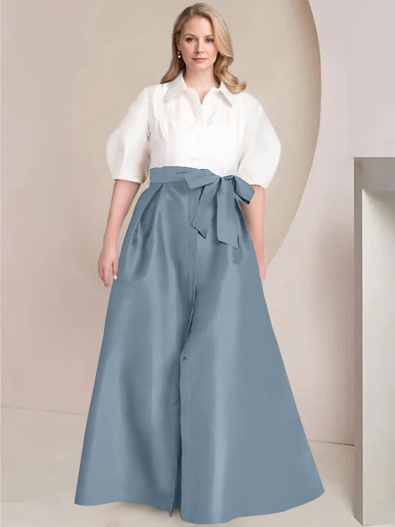 Princess A-Line Shirt Collar Floor-Length Plus Size Mother of the Bride 2-Piece Dress with Bowknot