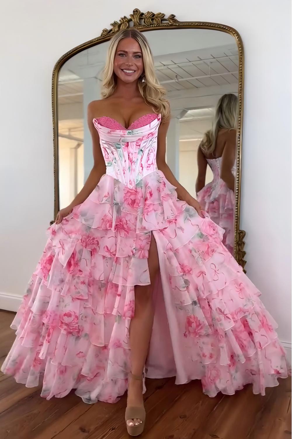 Princess A Line Sweetheart Pink Corset Prom Dress With Ruffles Appliques Formal Evening Gown