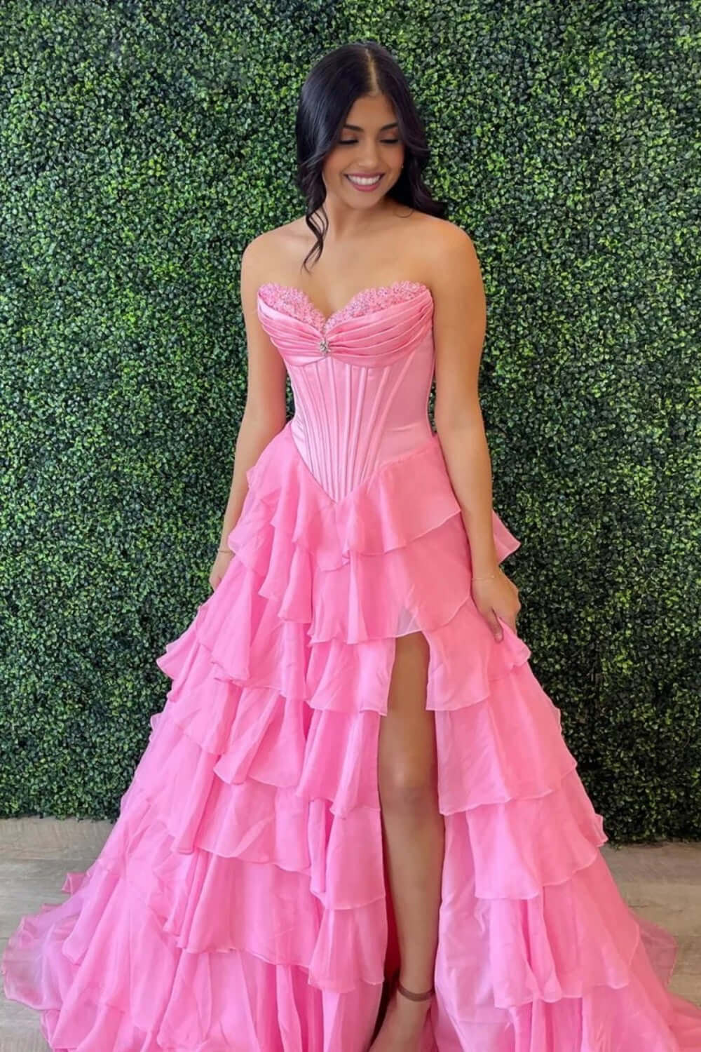Dreamyannie Red Prom Dress Ruffled Sweetheart A Line Chiffon Formal Dress With Lace