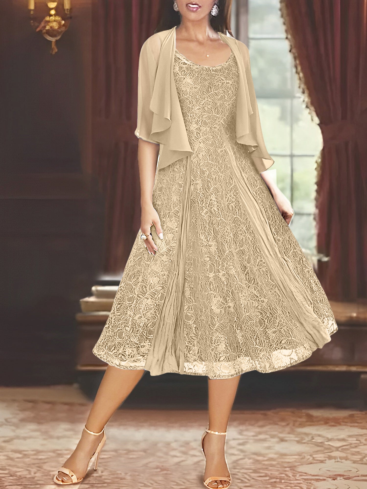 Princess A-Line Tea-Length Mother of the Bride Dress with Scoop Neck Half Sleeves Appliques and Jacket