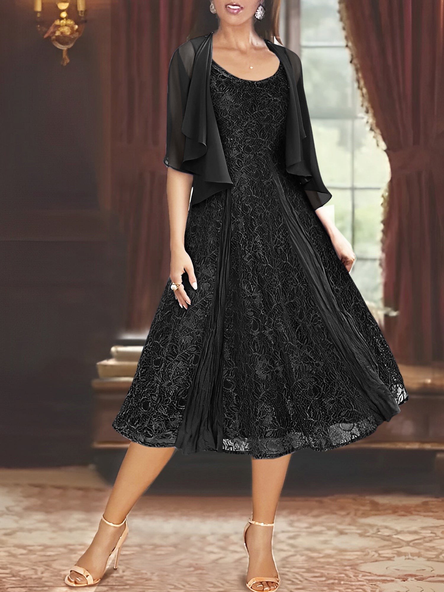 Princess A-Line Tea-Length Mother of the Bride Dress with Scoop Neck Half Sleeves Appliques and Jacket