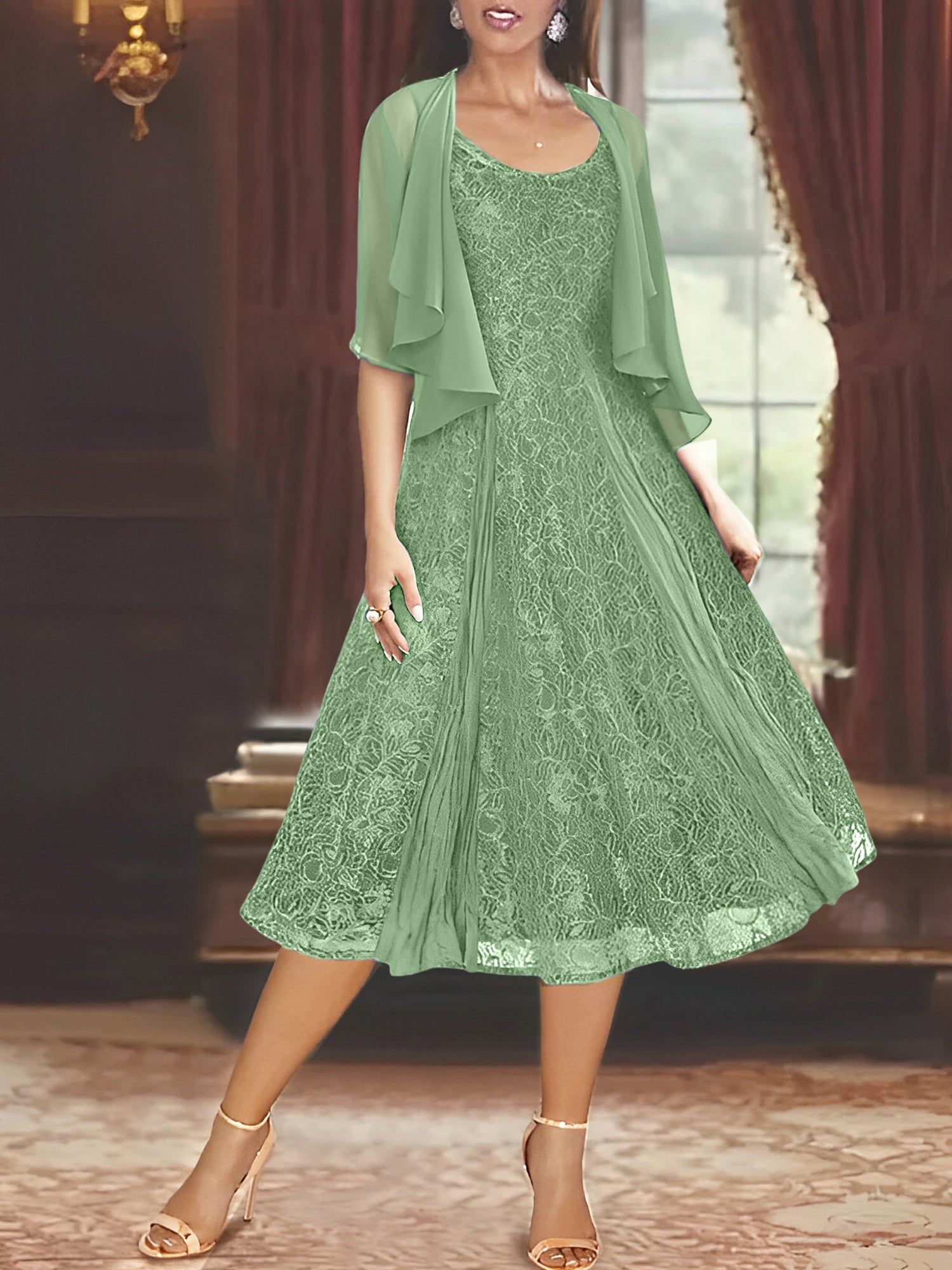 Princess A-Line Tea-Length Mother of the Bride Dress with Scoop Neck Half Sleeves Appliques and Jacket