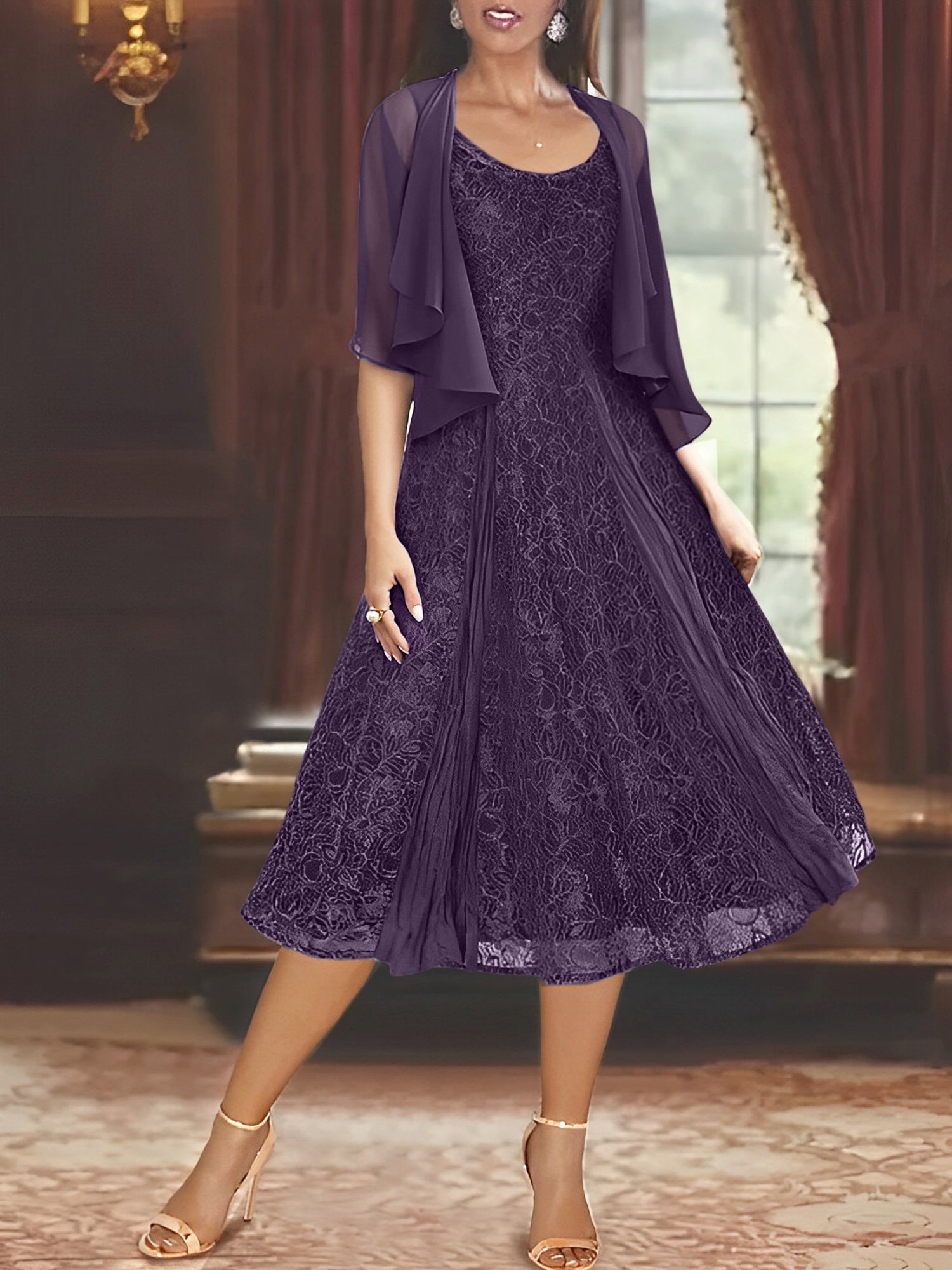Princess A-Line Tea-Length Mother of the Bride Dress with Scoop Neck Half Sleeves Appliques and Jacket