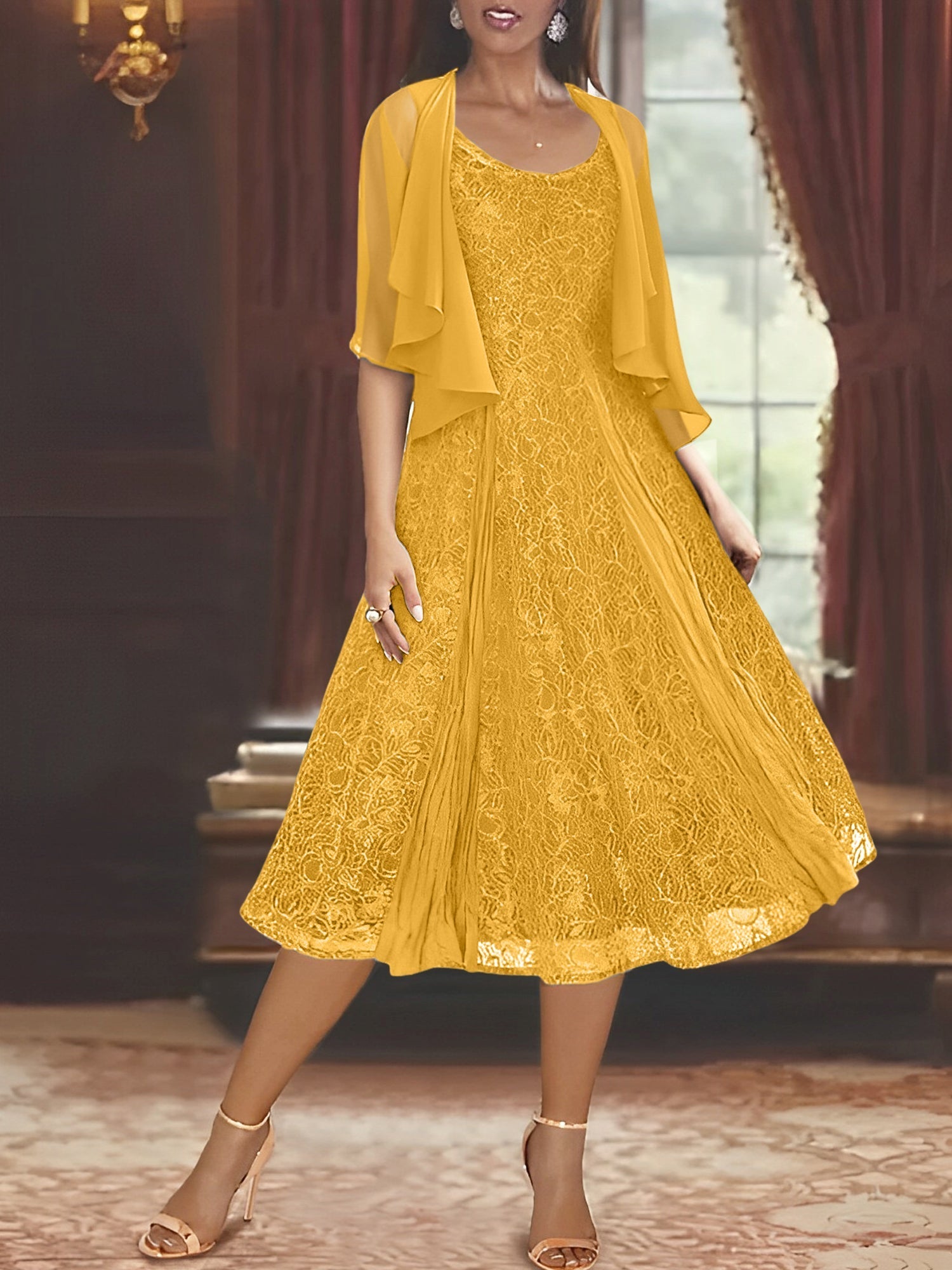 Princess A-Line Tea-Length Mother of the Bride Dress with Scoop Neck Half Sleeves Appliques and Jacket
