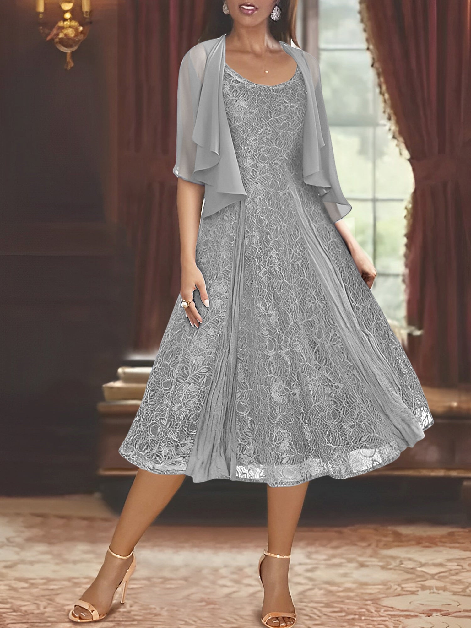 Princess A-Line Tea-Length Mother of the Bride Dress with Scoop Neck Half Sleeves Appliques and Jacket