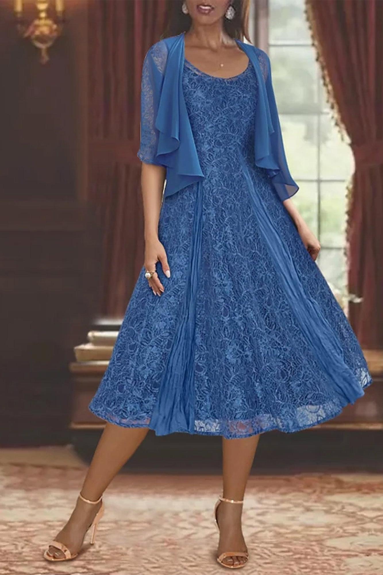 Princess A-Line Tea-Length Mother of the Bride Dress with Scoop Neck Half Sleeves Appliques and Jacket