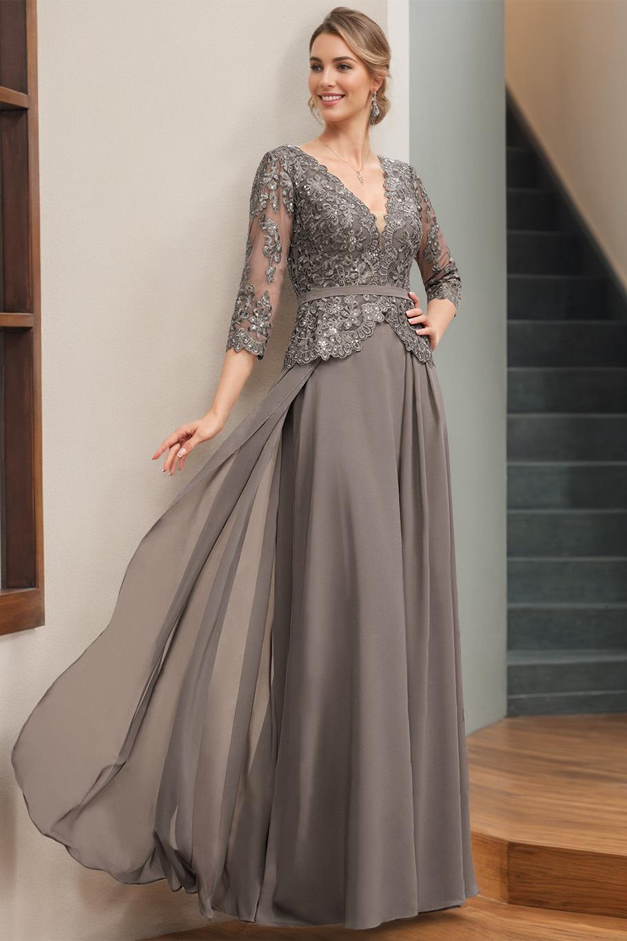 Princess A-Line V-Neck Floor-Length Mother of the Bride Dress with 3/4 Sleeves Appliques & Sequins