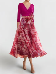 Princess A-Line V-Neck Floral Mother of the Bride Dress with 3/4 Sleeves and Ankle Length