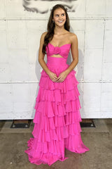 Princess Blush Prom Dress Sweetheart Ruffled Long Formal Dress With Slit