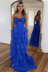 Princess Blush Prom Dress Sweetheart Ruffled Long Formal Dress With Slit