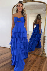 Princess Blush Prom Dress Sweetheart Ruffled Long Formal Dress With Slit