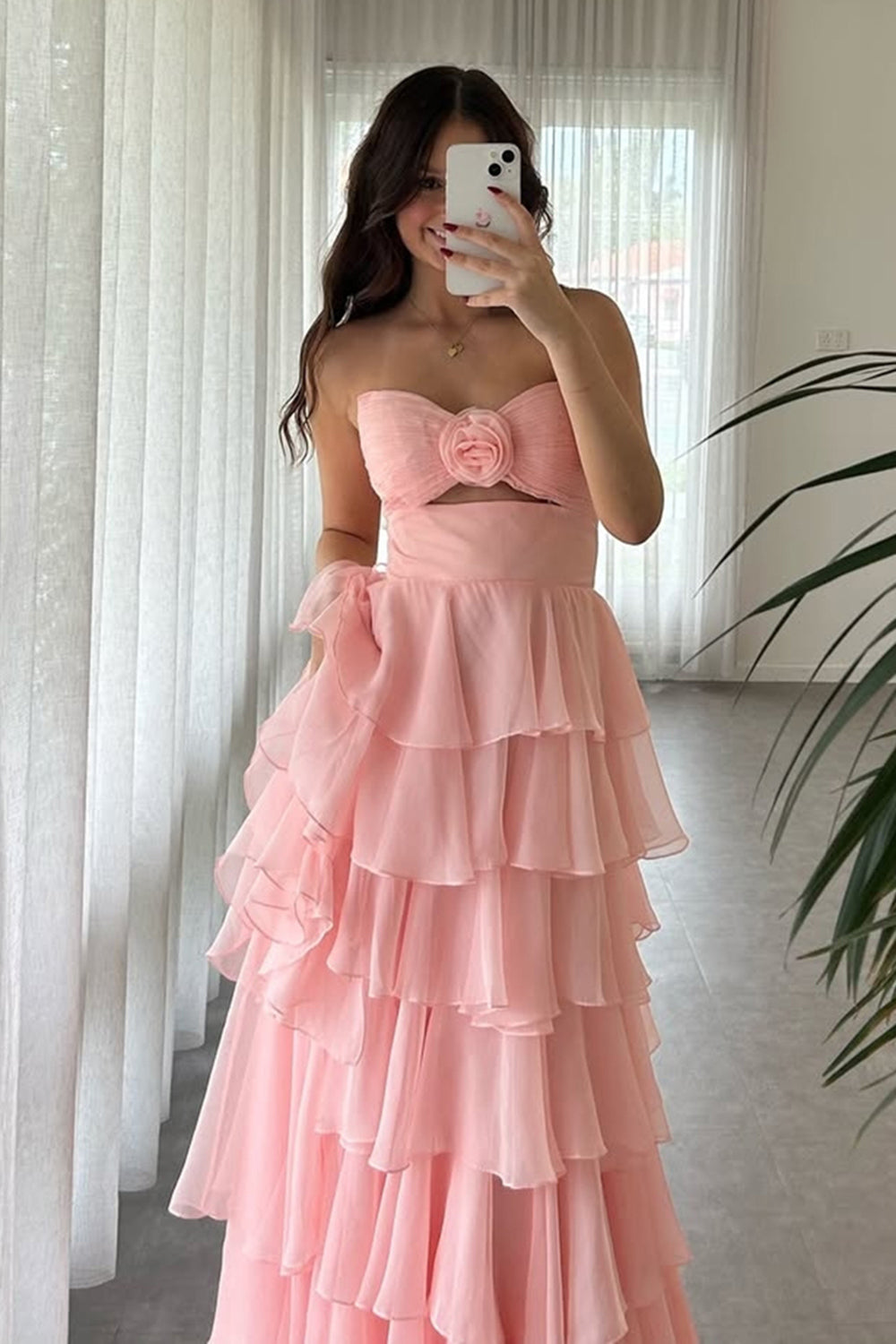 Princess Blush Prom Dress Sweetheart Ruffled Long Formal Dress With Slit