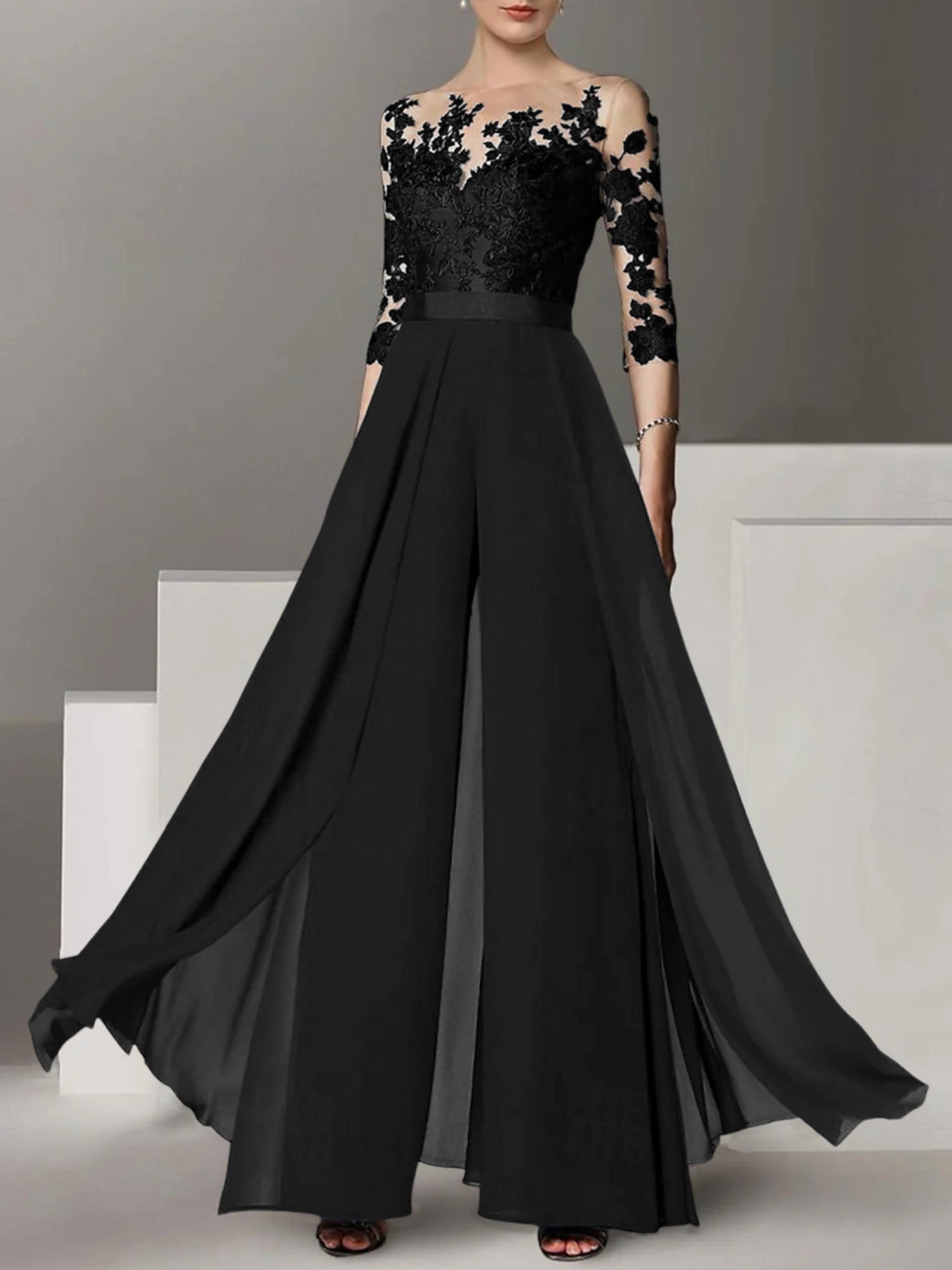 Princess Jewel Neck A-Line Floor-Length Mother of the Bride Pantsuit with Applique and 3/4 Sleeves
