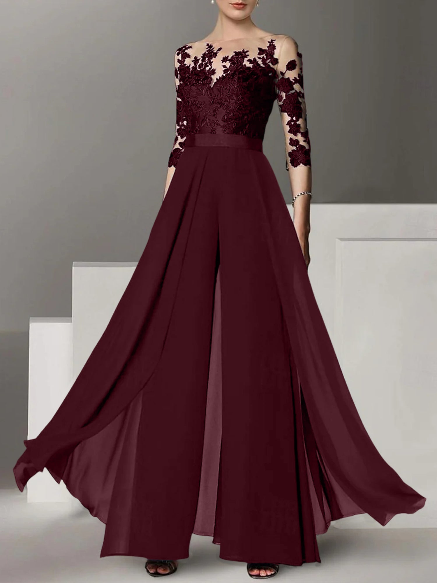 Princess Jewel Neck A-Line Floor-Length Mother of the Bride Pantsuit with Applique and 3/4 Sleeves